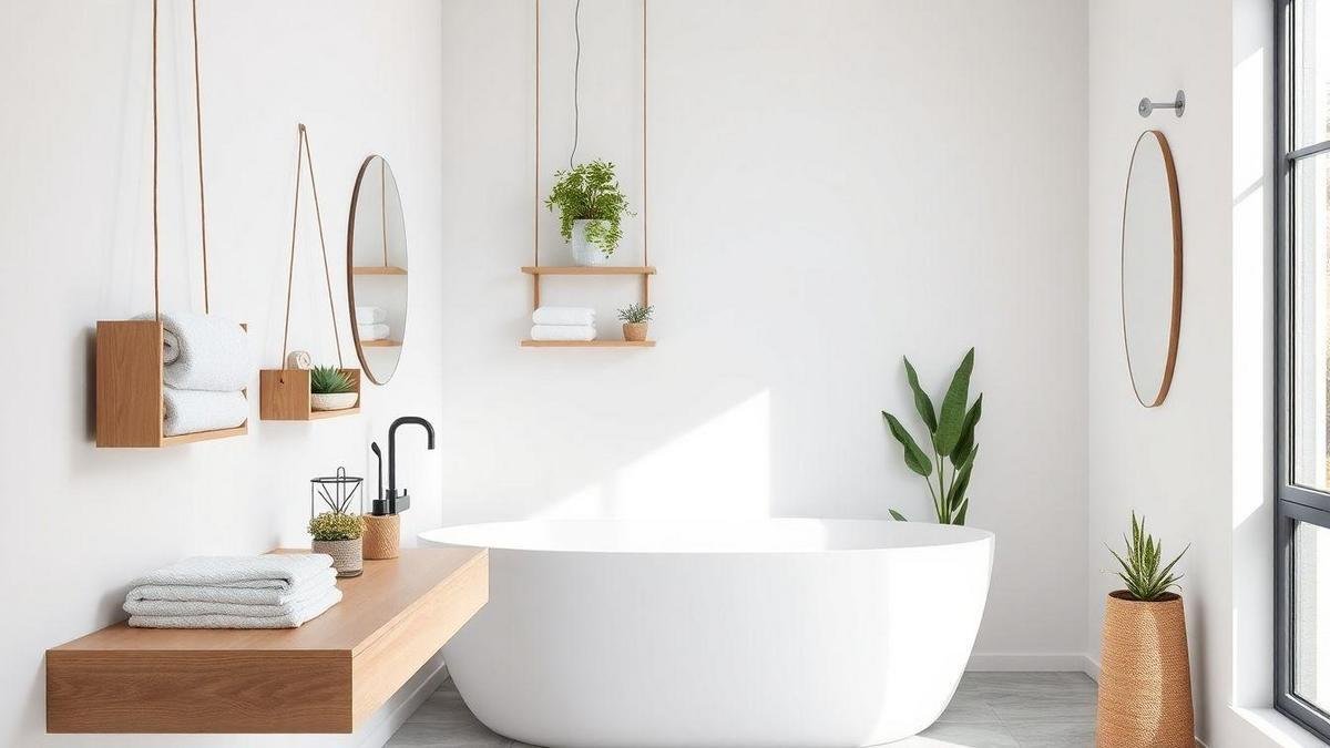 Organização e design com prateleiras suspensas para banheiro